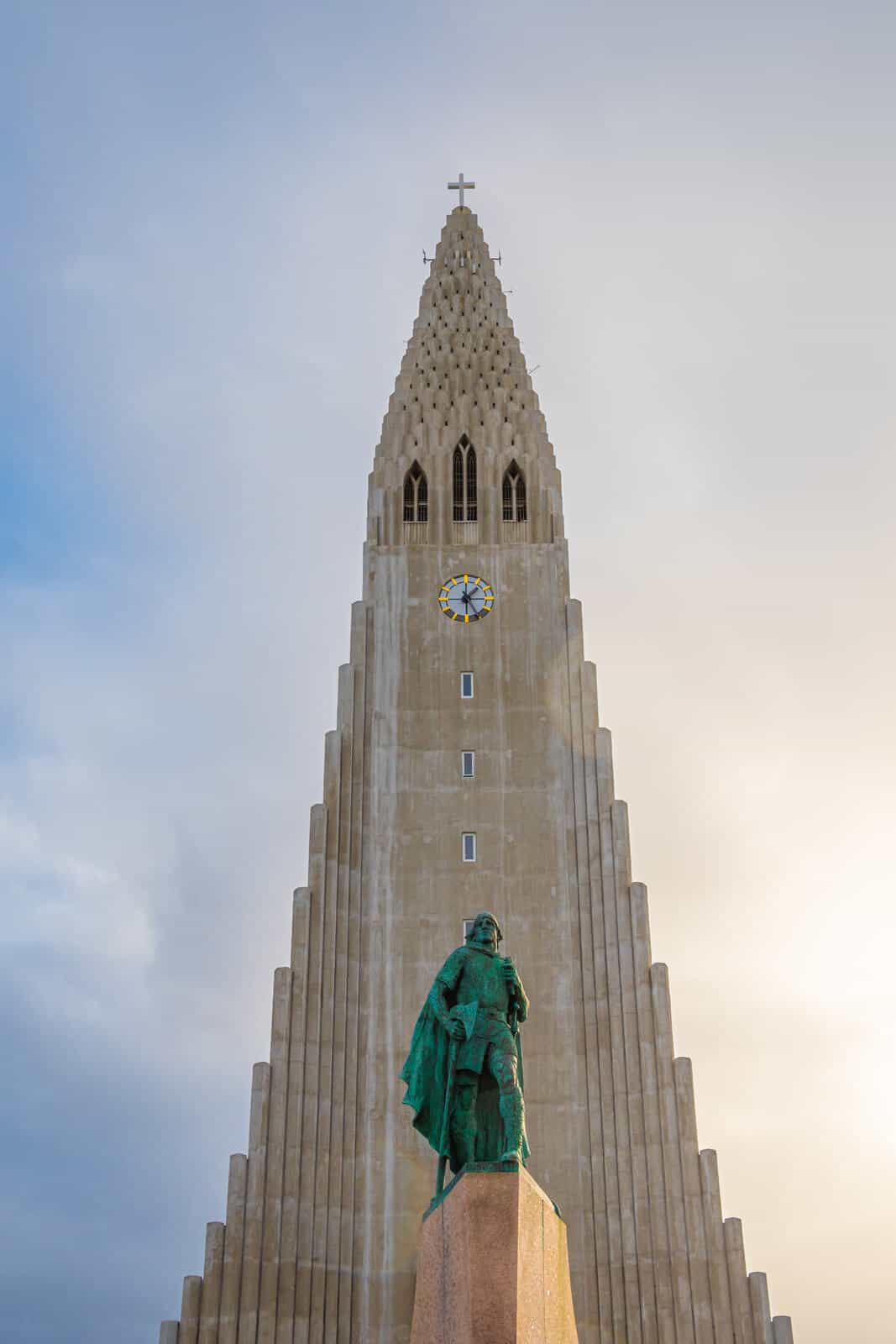 View of Reykjavik Churk during Winter with statue in the foreground