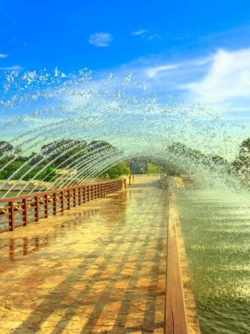 Aspire Park in doha showing a bridge with water-spraying over it