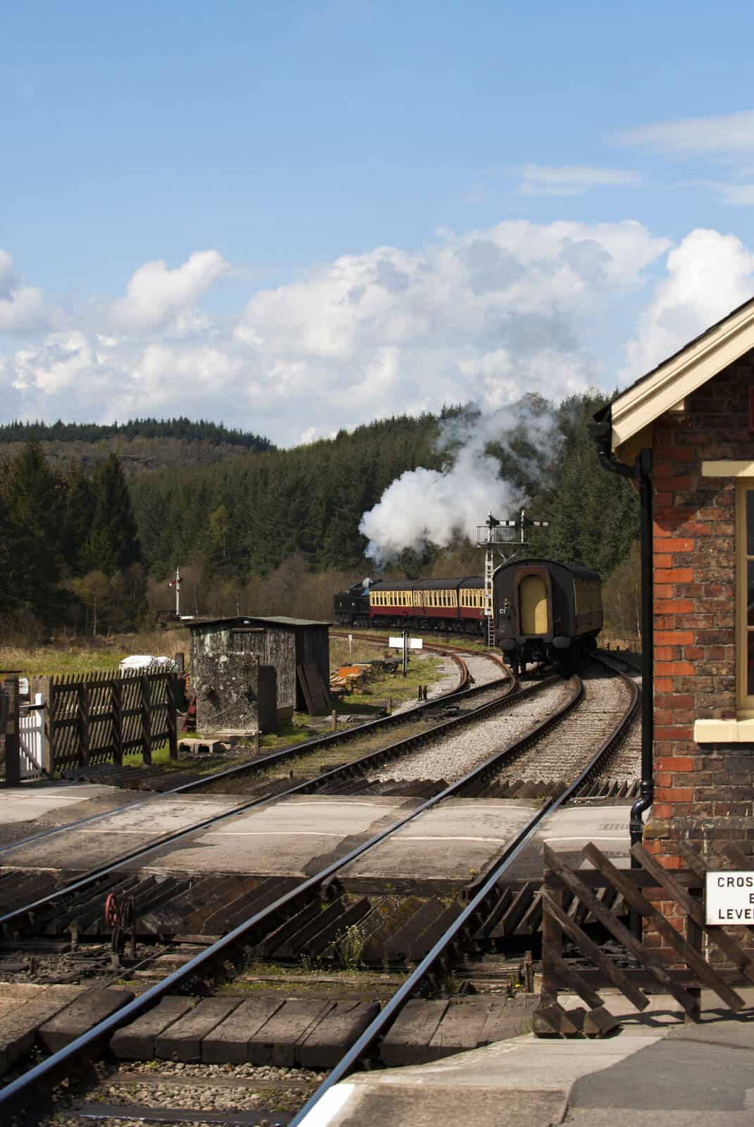 View of the North York Moors Steam train approaching a station