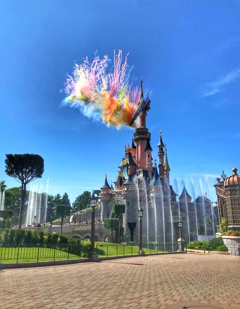 Disneyland Paris Castle in day with fireworks