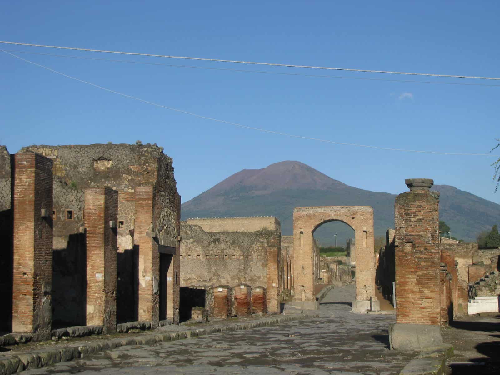 vew of empty Pompeii with mountain in background