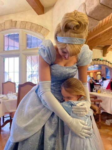 Little girl in princess dress hugging cinderella