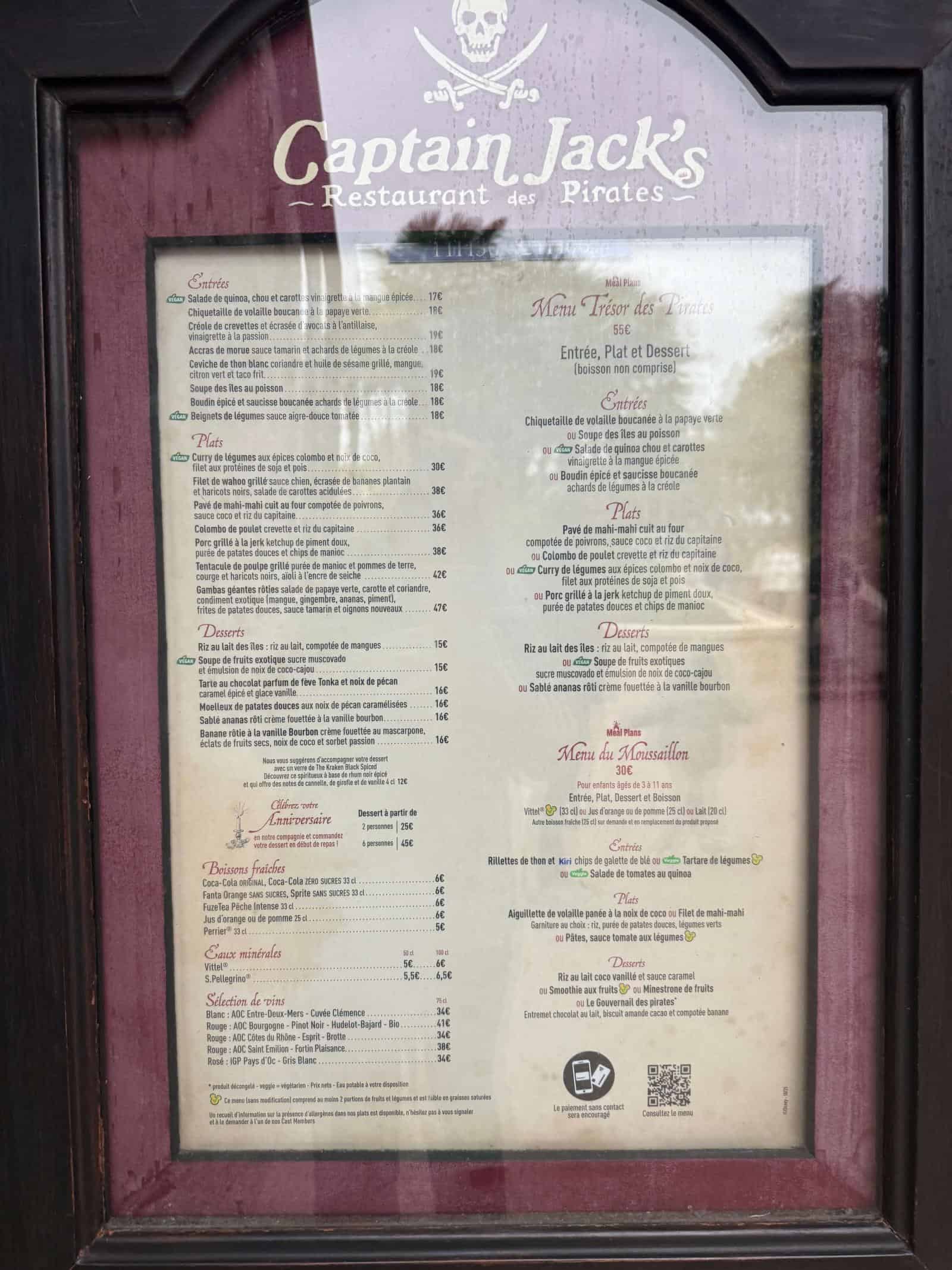 A menu for captain jacks