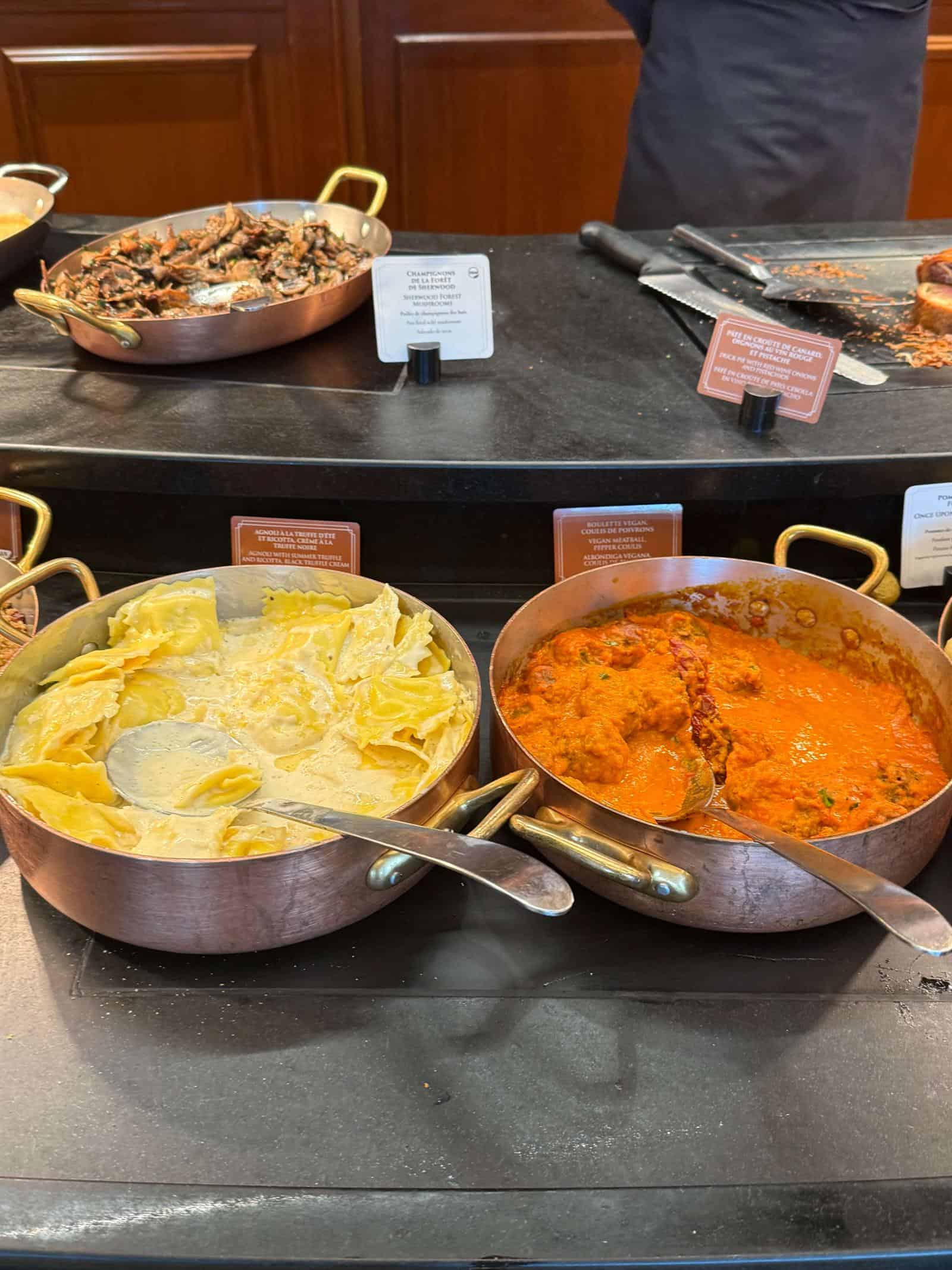 Dishes of food at buffet
